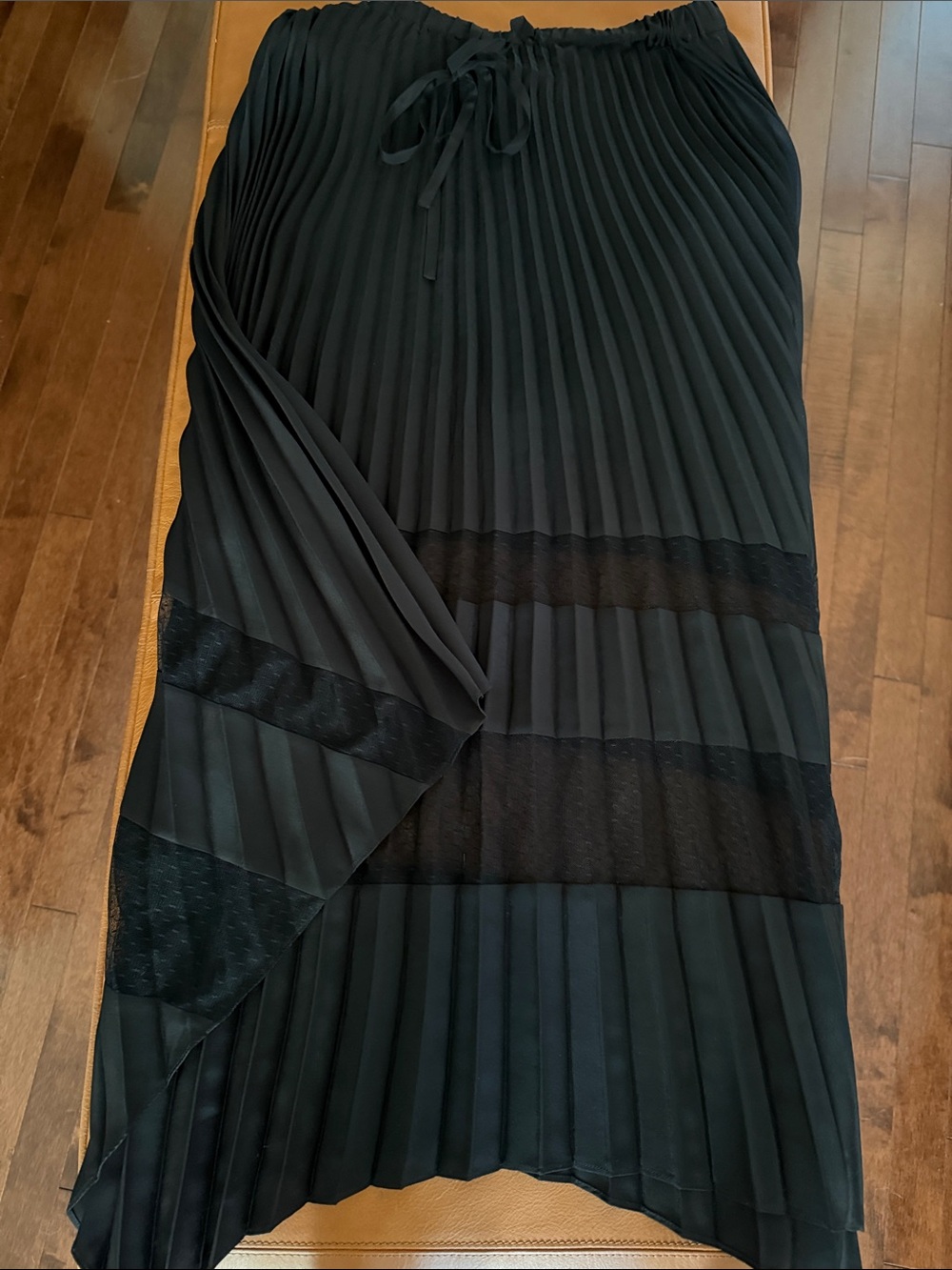 Kooples Black Pleated Midi Skirt with Sheer lace Bands and asymetric